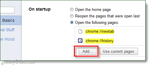 Startup Chrome Tambahkan halaman untuk dibuka
