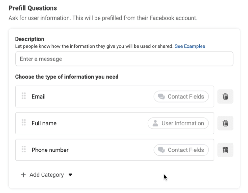 facebook lead ads membuat pilihan formulir prospek baru untuk menambahkan pertanyaan prefill dengan contoh penggunaan email, nama lengkap, dan nomor telepon