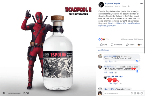 Gebrakan awal dari pengambilalihan Deadpool membuat orang-orang membicarakan dan berbagi merek Espolòn.