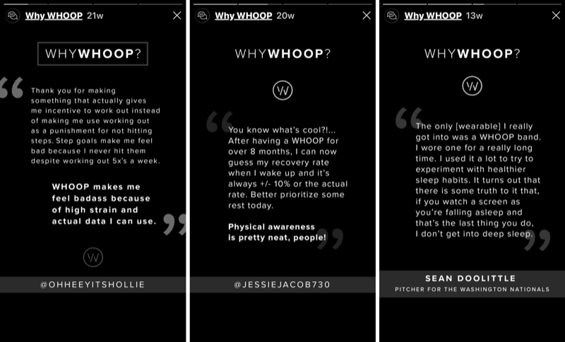 3 segmen Instagram Stories dengan testimoni pelanggan untuk WHOOP