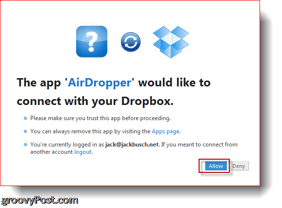 AirDropper Dropbox - sambungkan aplikasi ke Dropbox