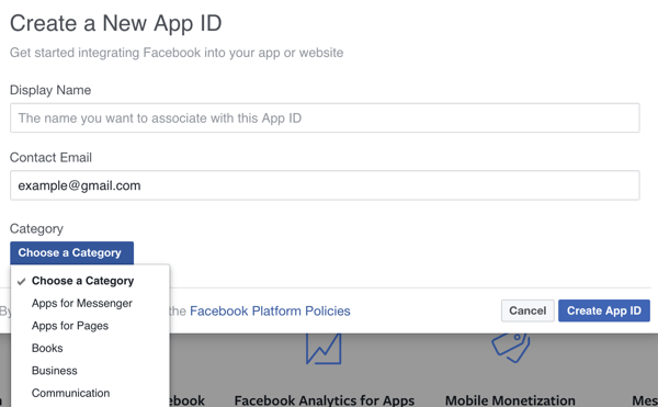 Isi detail untuk aplikasi Facebook baru Anda.