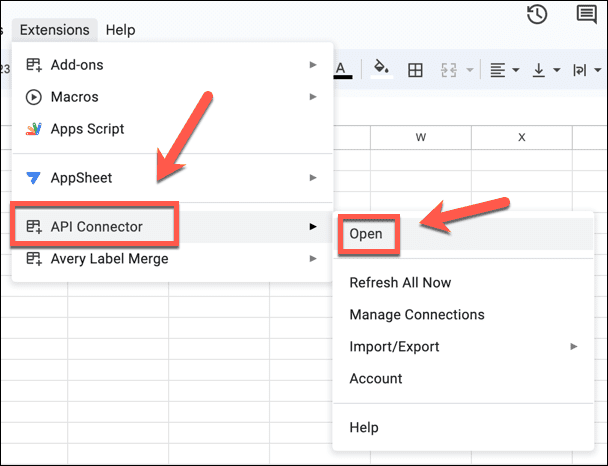 google sheets membuka konektor api