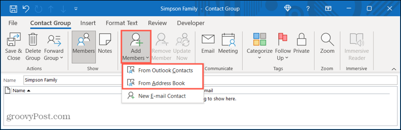 Tambahkan anggota ke grup kontak baru di Outlook