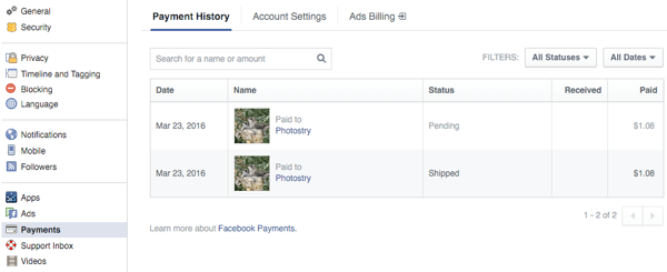 pelanggan melihat pesanan di bagian pembayaran pengaturan facebook
