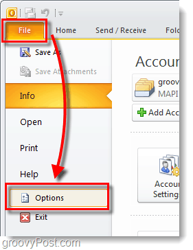 Outlook 2010 menu opsi