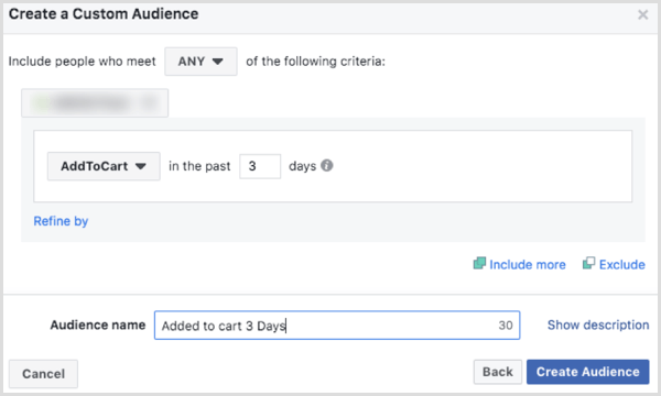 Pilih opsi untuk membuat audiens kustom Facebook berdasarkan acara AddToCart