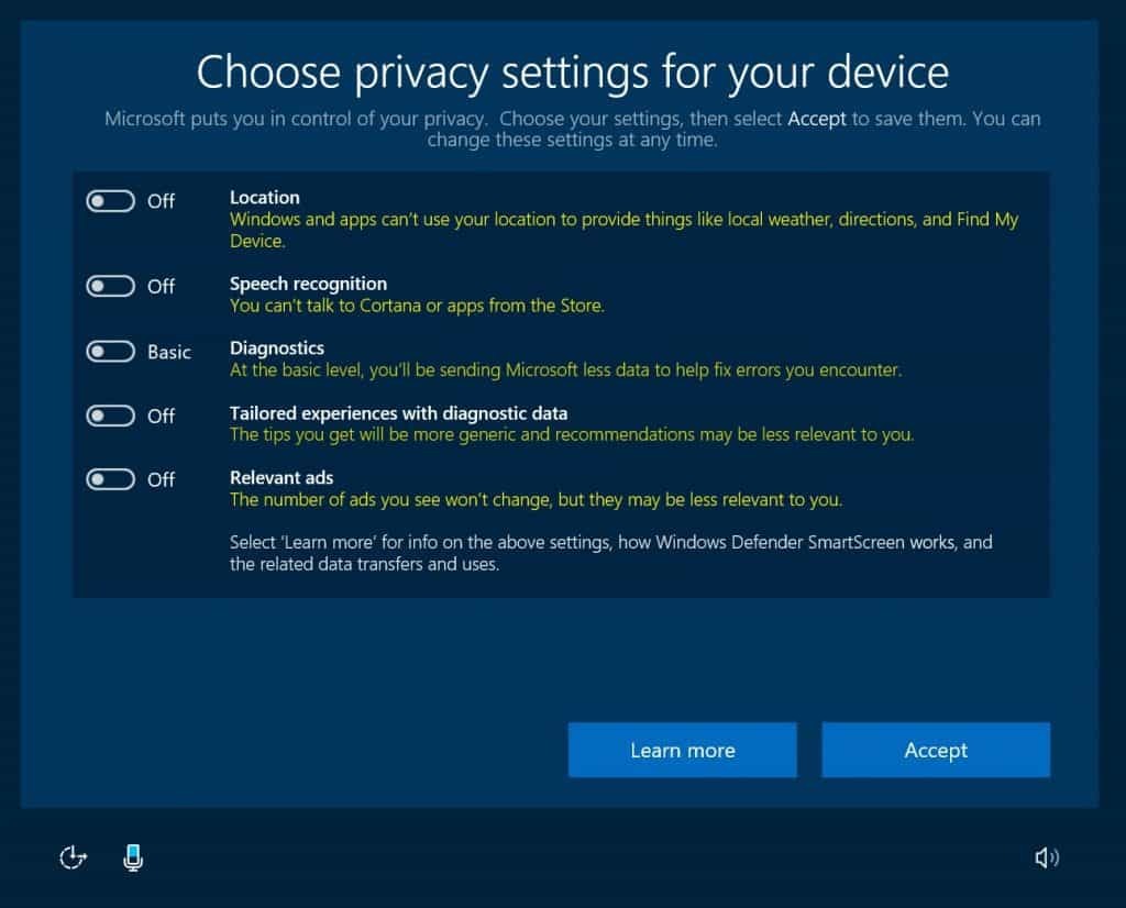 Windows 10, Privasi, Pembaruan Pembuat, OOBE