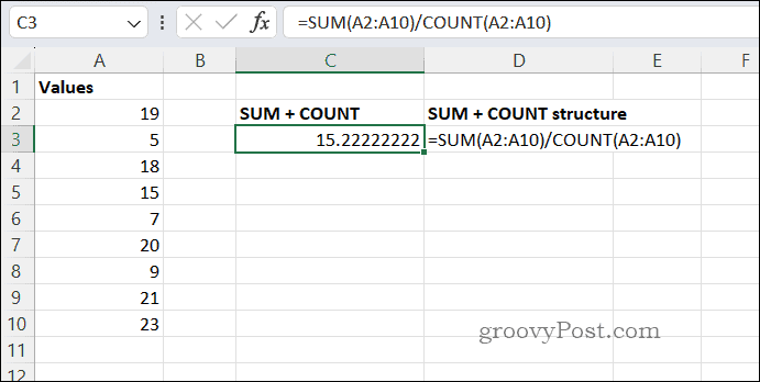 SUMCOUNT hasil rata-rata di Excel