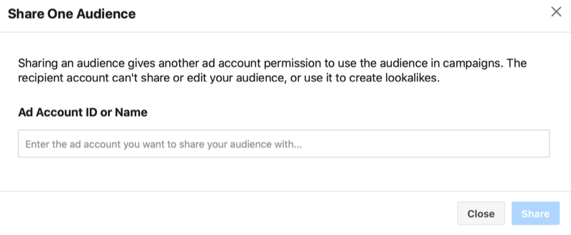 pengelola iklan facebook bagikan audiens khusus> bagikan satu menu audiens dengan opsi untuk menambahkan id atau nama akun iklan