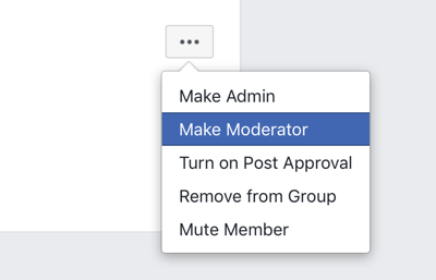 Cara meningkatkan komunitas grup Facebook Anda, opsi menu grup Facebook untuk menjadikan anggota sebagai moderator 