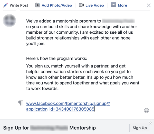 Cara meningkatkan komunitas grup Facebook Anda, contoh pengumuman grup untuk program bimbingan Facebook