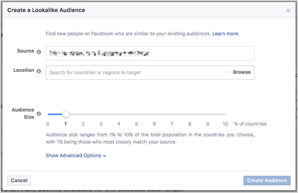 Tetapkan ukuran audiens Facebook yang mirip. Anda dapat mengontrol ukuran dengan penggeser yang muncul saat Anda membuat audiens.