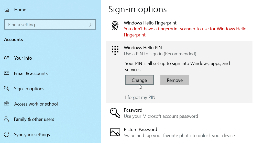 ubah tambahkan PIN Windows 10
