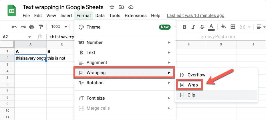 Opsi untuk membungkus teks di Google Spreadsheet