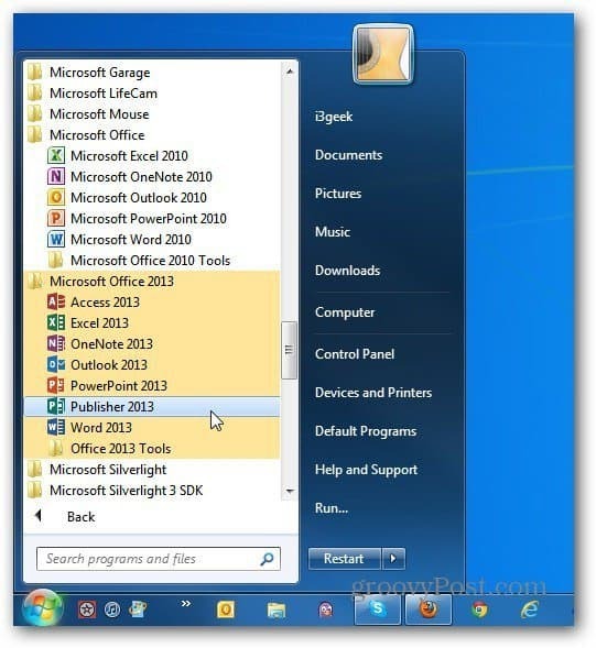 kedua versi Office Mulai Windows 7