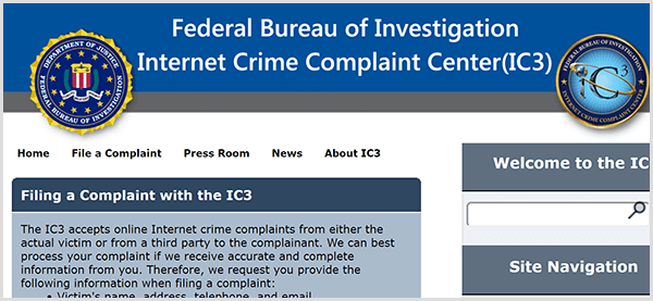 Jika seseorang meniru bisnis Anda, laporkan aktivitas penipuan tersebut ke Pusat Keluhan Kejahatan Internet FBI.