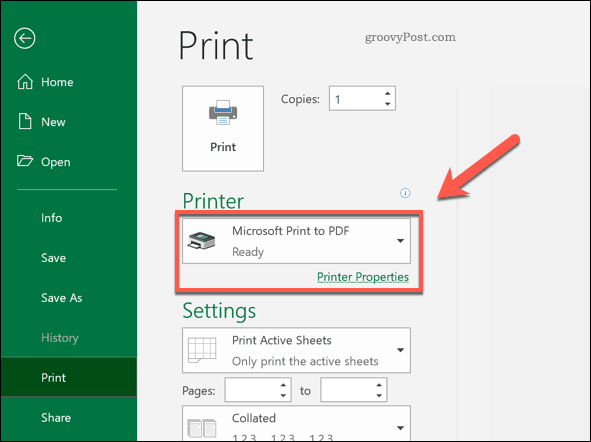 Cetak ke opsi printer PDF di Excel