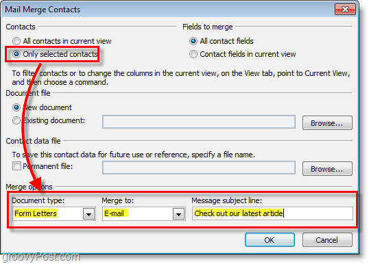 Tangkapan layar Outlook 2010 -membuat opsi benar di bawah kontak gabungan surat