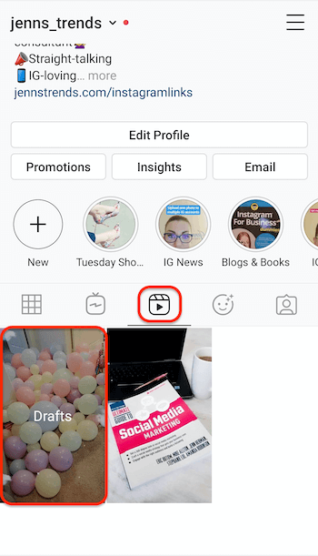 Tangkapan layar tab gulungan instagram di profil yang menampilkan placeholder untuk draf gulungan