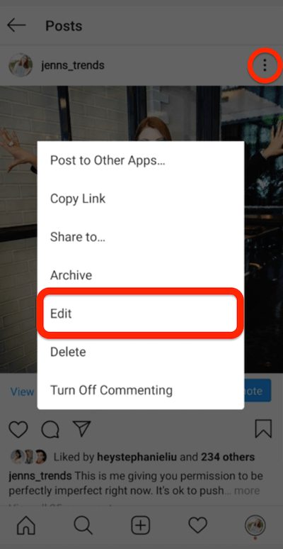 menu tiga titik untuk posting instagram yang menunjukkan opsi untuk mengedit posting