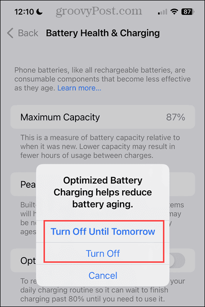 Matikan opsi Pengisian Baterai yang Dioptimalkan di iPhone