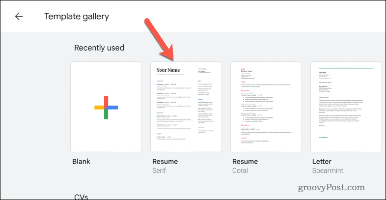 Memilih template di Google Docs