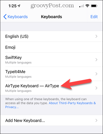 Ketuk AirType Keyboard di daftar Keyboard iPhone