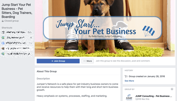 Cara menggunakan fitur Grup Facebook, contoh grup untuk Jump Start Bisnis Hewan Peliharaan Anda