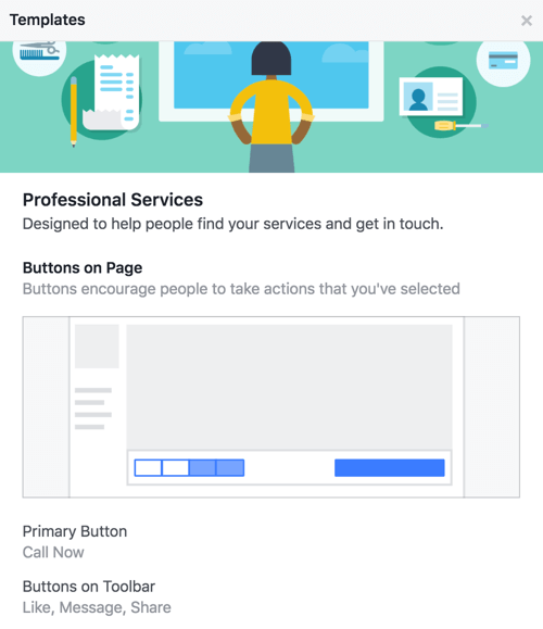 Cari tahu tombol dan ajakan bertindak mana yang disertakan dengan templat halaman Facebook Anda.