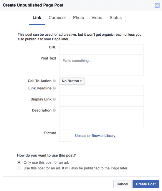 Untuk membuat posting gelap Facebook sebagai iklan, Anda dapat menggunakan Power Editor dan memilih Only Use This Post for an Ad.