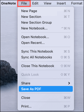 Simpan sebagai PDF OneNote Mac