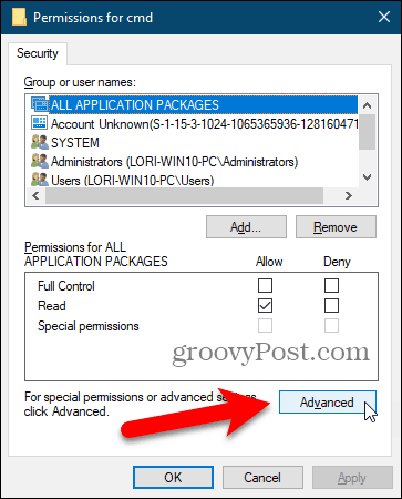 Klik Tingkat Lanjut pada kotak dialog Izin di Windows Registry