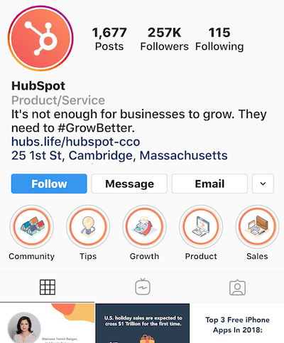 Album sorotan Instagram di profil HubSpot