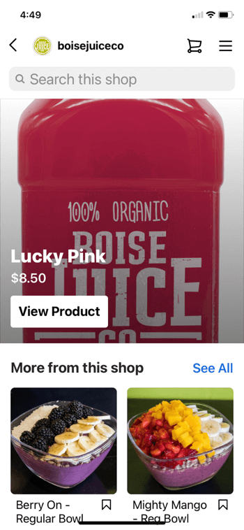 contoh belanja produk instagram dari @boisejuiceco yang menampilkan lucky pink seharga $ 8.50 ke bawah lebih dari ini toko muncul beri di mangkuk biasa, dan mangkuk besar mangga biasa bersama dengan opsi untuk mencari di toko