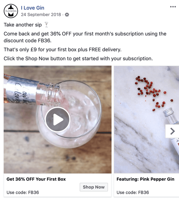 Cara membuat iklan jangkauan Facebook, langkah 8, contoh materi iklan oleh I Love Gin