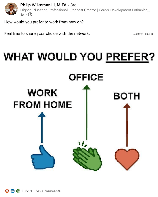 Contoh linkedin posting meminta orang untuk menanggapi dengan reaksi untuk memilih tempat kerja pilihan mereka ke depan