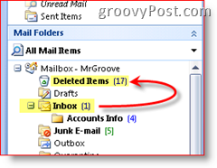 Cuplikan Layar Outlook 2007 menjelaskan bahwa item yang dihapus dipindahkan ke folder item yang dihapus