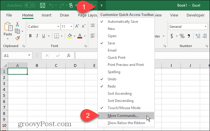 Pilih Perintah Lainnya di Bilah Alat Akses Cepat di Excel
