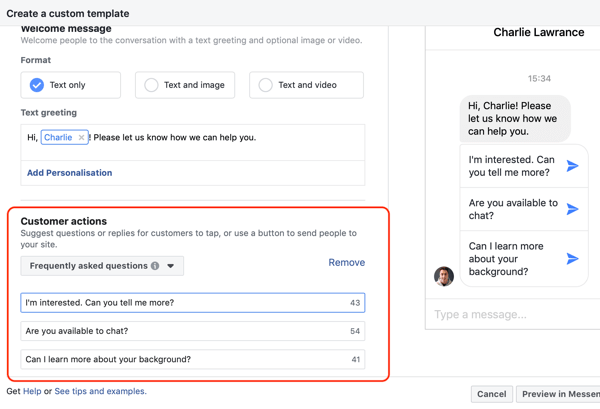 Cara mengonversi pengunjung situs web dengan iklan Facebook Messenger, langkah 4, contoh salinan tindakan pelanggan
