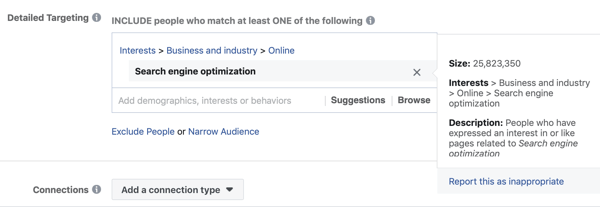 Contoh penargetan facebook standar untuk minat Search Engine Optimization yang menghasilkan audiens yang terlalu besar, yaitu 25 juta.