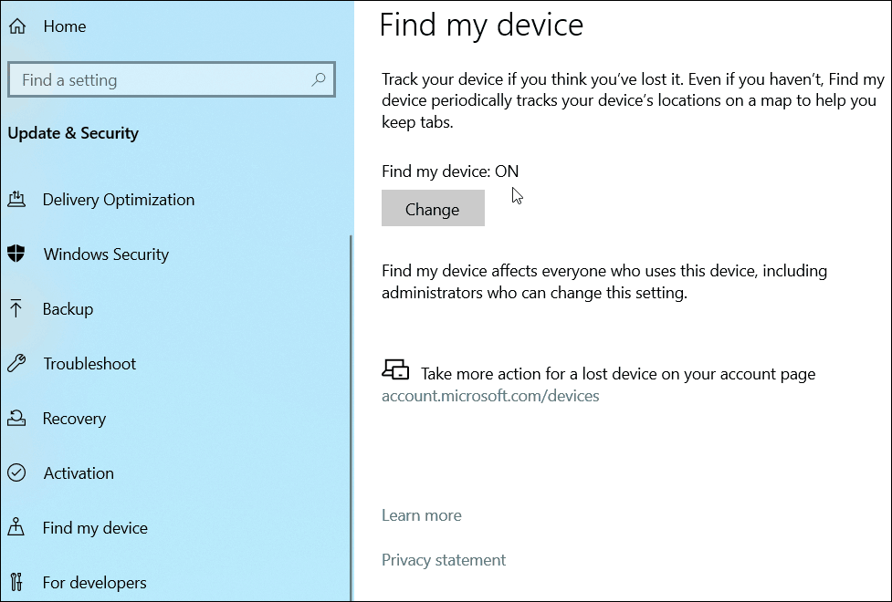Temukan Perangkat saya Windows 10