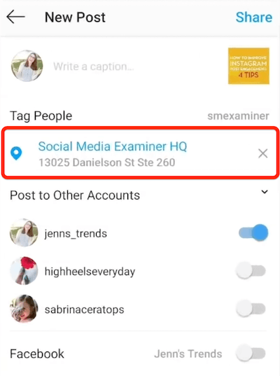 opsi posting baru instagram menunjukkan lokasi yang dipilih untuk penandaan