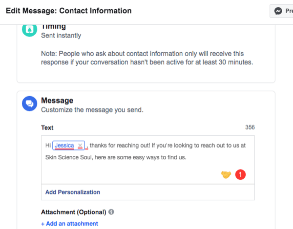 tangkapan layar antarmuka pengaturan untuk respons otomatis Informasi Kontak Facebook Messenger