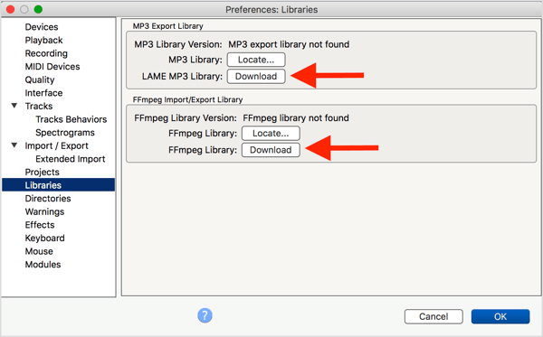 Instal encoder MP3 LAME opsional dan perpustakaan FFmpeg dengan Audacity.