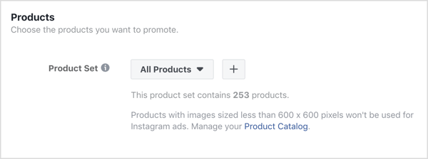 Klik tanda + di bagian Produk di tingkat iklan kampanye Facebook Anda.