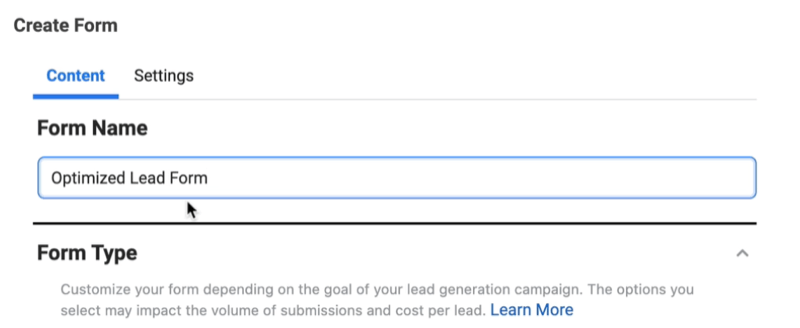 facebook lead ads membuat opsi formulir prospek baru untuk memberi nama formulir Anda dan pilih jenis formulir