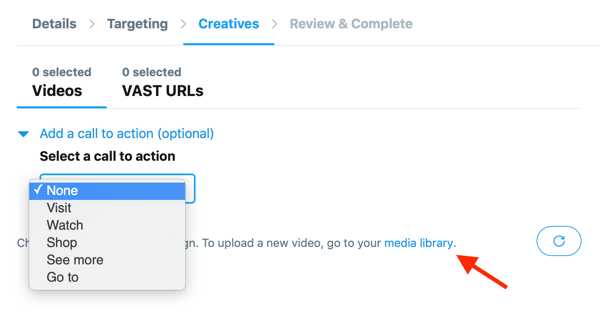 Opsi untuk mengatur ajakan bertindak untuk video yang dihosting Twitter untuk iklan Twitter Penayangan Video Sela (Pre-Roll) Anda.