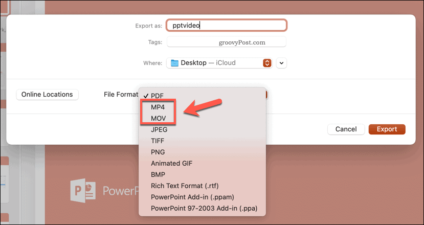 Memilih format file ekspor di PowerPoint di Mac