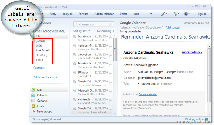 klien email untuk windows live mail, label gmail dikonversi ke folder di windows live mail